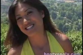 Leila Lei Asian porn babe hot yellow mini skirt get tongue in her ass and p