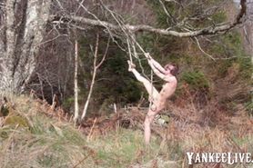 Naked self-bondage in the woods gone wrong