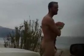 Naked straight jock caught pissing in a parking lot