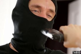 Business woman with a gun robs this robber of his cum