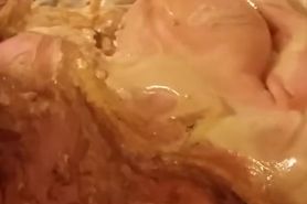 Messy fun in the tub , covered in custard, chocolate and cum