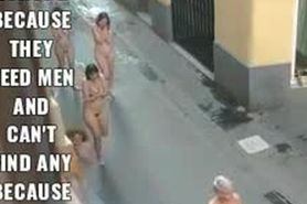Naked women running in the street