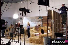 Amateur couple making their first porn scene in a barn