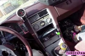 Horny dude asked skinny blonde babe to sucked his cock inside the car
