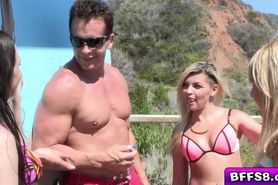 Horny teens flirts with the lifeguard and suck his cock