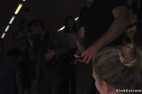 Brunette takes facial at Euro sex expo