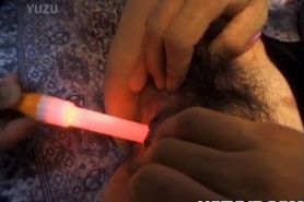 Milf gets sex toys on and in slit and dicks in mouth