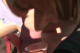 Busty chick gets throat fucked outdoor