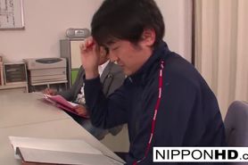 Japanese girl has a threesome in the teacher's lounge