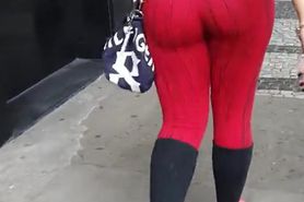 Candid hot blonde girl perfect ass in red leggings