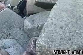 Young black jock sucks and tastes cum in threesome outdoor
