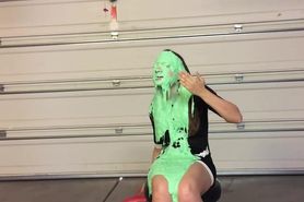 Girl in sexy dress gets massive sliming