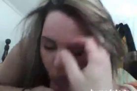 Chubby girlfriend sucks cock and gets a cum surprise