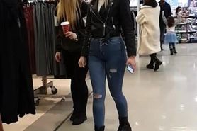 Candid Jeans blonde Leatherjacket walking shopping