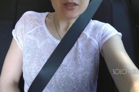 Innocent schoolgirl plays with pussy in Uber, until driver sees, public masturbation in a taxi