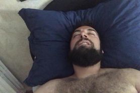 Big bearded bear with hairy chest wanking playing on cam showing his tongue. Beautiful Agony