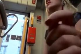 confident girlfriend gives nervous boyfriend blowjob on bus