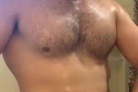 Dilf teases his cock in the shower