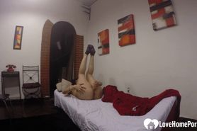 Horny stepsister masturbates on her brother bed