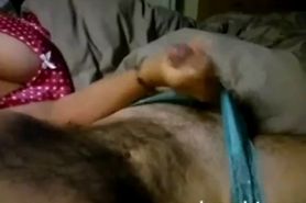 Busty wife gives nice handjob with happy ending