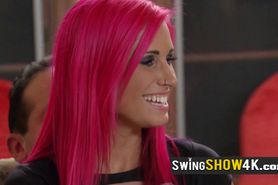 Blonde swinger girlfriend feels lesbian attraction for the pink haired hottie in the red room