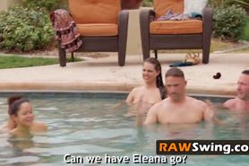 Pussy licking at the pool makes swingers horny enough to get into the red room and start fucking