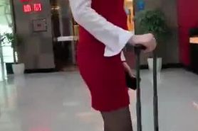 Walking in pantyhose tight dress airline uniform girl ????????????????????