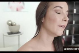 Petite brunette wife sits on fat cock