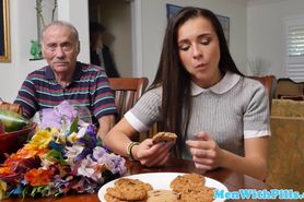 Rimmed teen beauty takes grandpa cum in mouth
