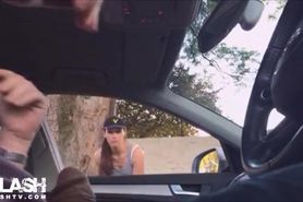 Car Dickflash Asking Jogger for Directions