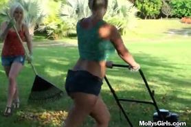 Blondes Show Off Tits While Doing Lawn Work