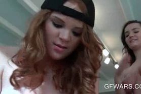 Two busty girls sharing dick in POV 3some