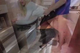 German babe in latex gets fucked in the bathroom