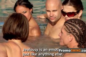 Swingers are all naked and horny in the Jacuzzi during this hot summer day