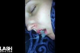 Sleeping Girl Cum in Mouth
