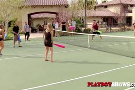 Athletic couples get sweaty playing sex games which quickly turns into orgasmic partner swapping sex