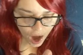 Just a facial - shy redhead wife takes massive facial on her glasses/mouth