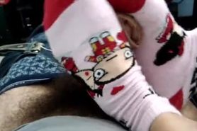 Young Latina girlfriend give sockjob and getting cum drenched feet