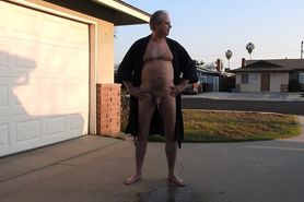 A robed daddy, opens his robe, exposes his penis and pees in front of the neighbors. Chancey!!!