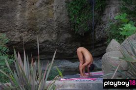 Naked MILF yoga instructor Daniella Smith makes her body more flexible