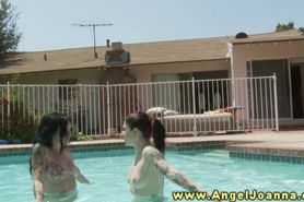 Angel Joanna seduces hot lesbo in the pool
