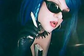 Blue-Haired Annie Vox Smoking in Leather Gloves