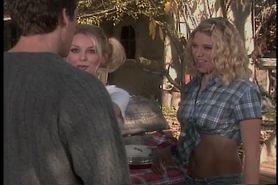 Banjo-playing blonde tramps with nice tits are fucked by lucky redneck on farm