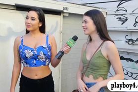Two sweet girls flashing boobs in public for some cash