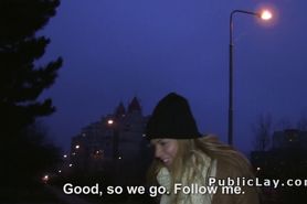 Czech blonde banged outdoor pov in her coat