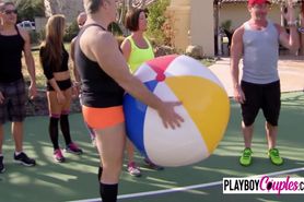 Beachball volleyball to make them drip in sweat so it can be licked off by sensual swingers