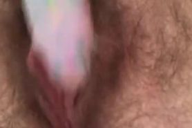 Hairy Pussy Squirts while Masturbating with Dildo
