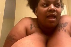 Sexy black bbw with huge saggy boobs cooking and playing in the buff