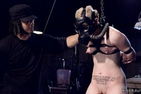 Blonde slave with gas mask tormented