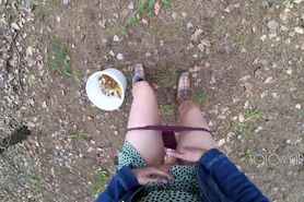 Innocent teen public play with pussy in the forest, masturbating outside